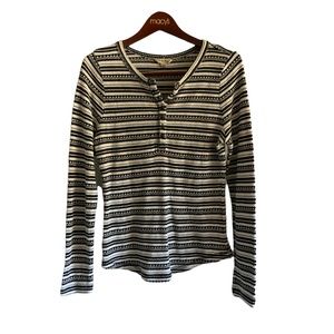 Lucky Brand Chloe Black Striped Henley Neck 1/2 Button Pullover Top Size L
